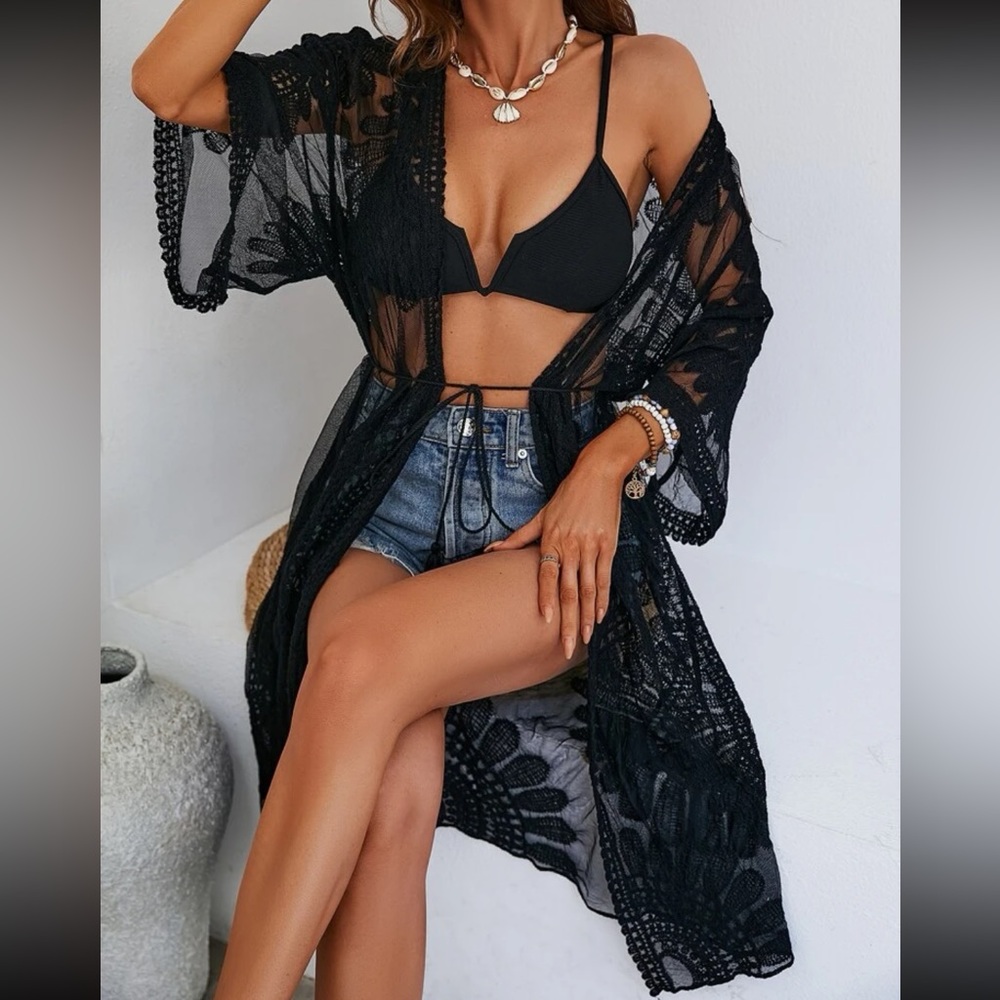 New to Posh C 🔆| Euro Style Embroidered Mesh Kimono with Belt - Picture 5 of 6